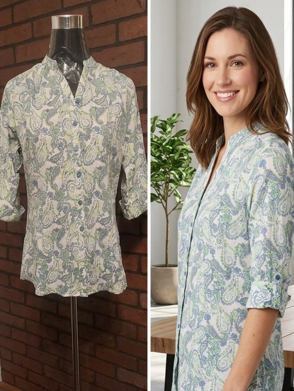 Woolrich Blue Green Paisley Rolled Sleeve Button Up Shirt Blouse